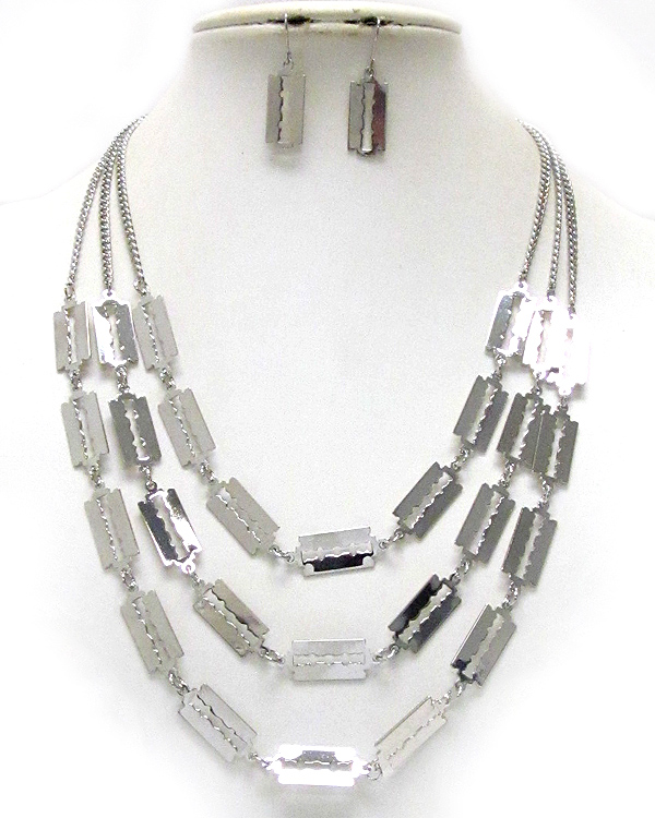 Multi razor three layer necklace earring set