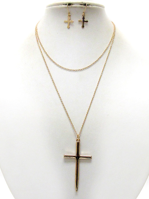 Simple metal cross long necklace earring set