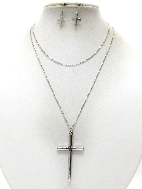 Simple metal cross long necklace earring set