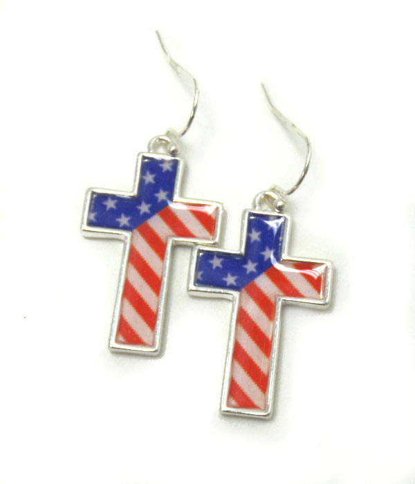 Us flag w/ cross shape fish hook earrings