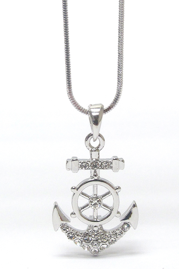 MADE IN KOREA WHITEGOLD PLATING CRYSTAL ANCHOR AND STEERING WHEEL PENDANT NECKLACE