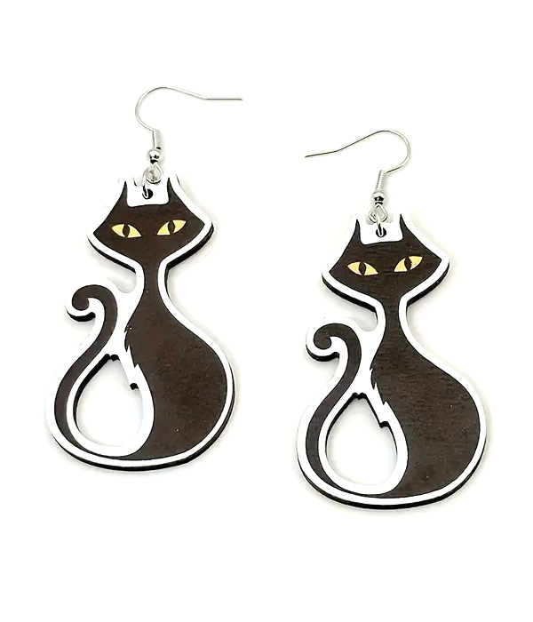 Halloween theme wood cat earring - vintage black cat