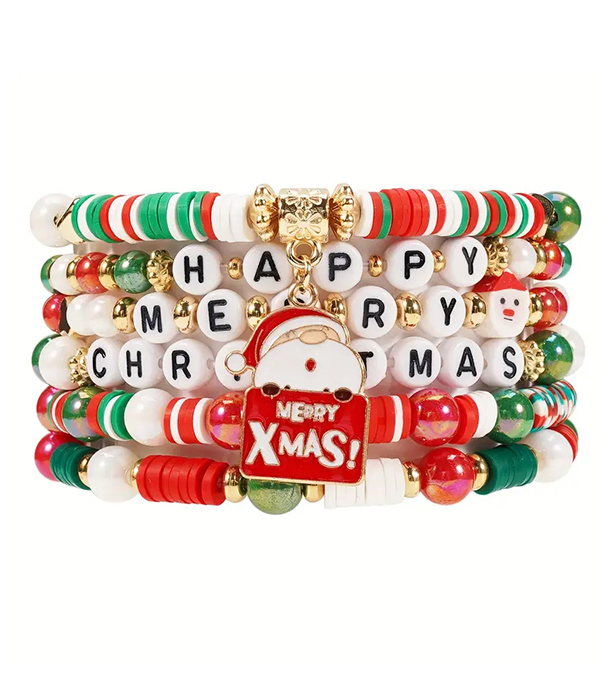 Christmas theme multi clay bead mix 6 stretch bracelet set