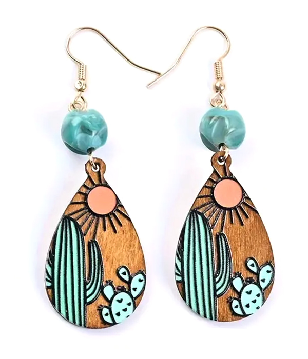 Cactus print wood teardrop earring