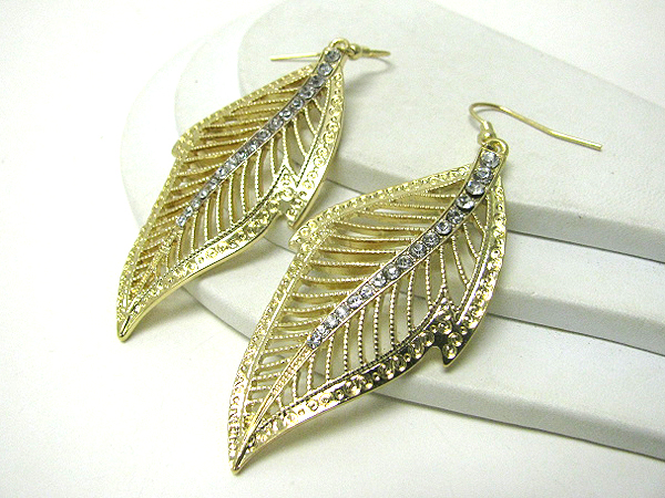 Crystal center deco metal filigree leaf earrings