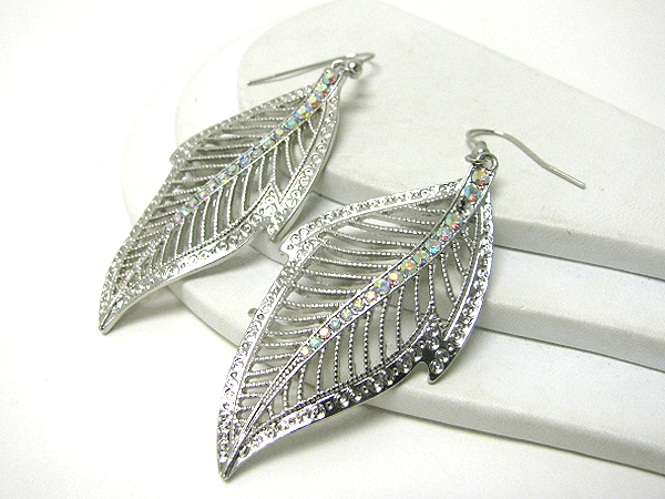 Crystal center deco metal filigree leaf earrings