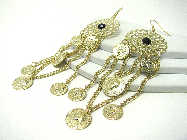 Crystal center metal disk and multi coin drop earrings