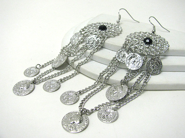 Crystal center metal disk and multi coin drop earrings