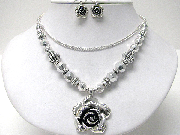 Crystal deco metal rose pendant and metal ball link necklace earring set