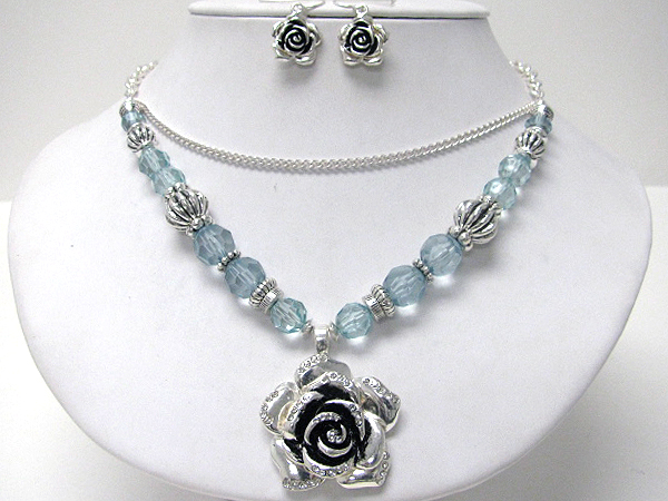 Crystal deco metal rose pendant and metal ball link necklace earring set