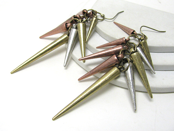 4 inch long multi metal spike drop earrings