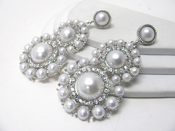 Crystal and pearl deco double round drop earrings