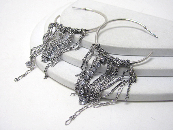 Multi chain and rhinestone drop hoop earrings - hoops