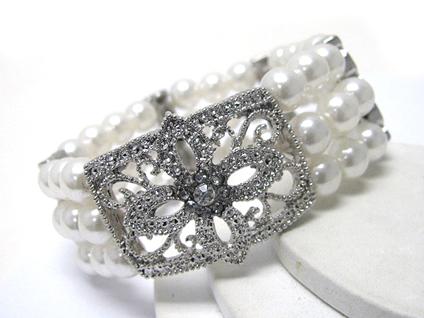 Crystal deco on square metal casting and pearl chain stretch bracelet