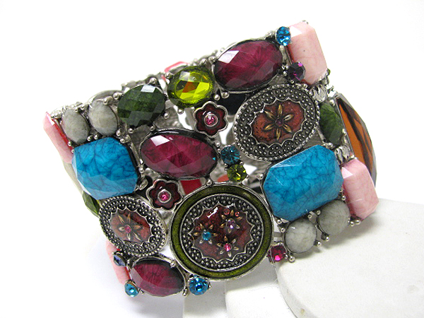 Mixed stone crystal deco wide metal stretch bracelet