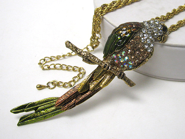 Crystal stud and paint deco large parrot pendant necklace