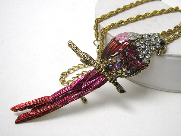 Crystal stud and paint deco large parrot pendant necklace