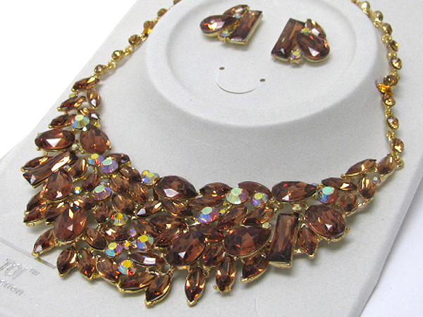 Luxurious austrian crystal line - multi shape crystal deco bib style necklace earring set