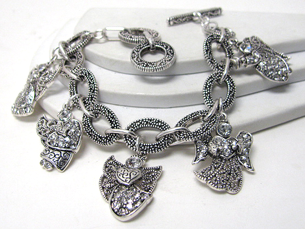 Crystal stud multi heart angel charm toggle bracelet