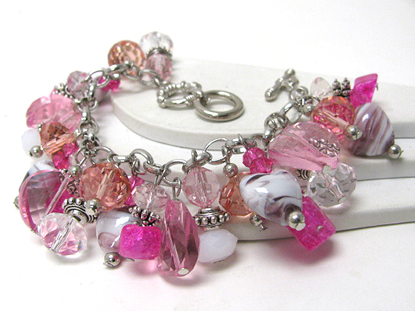 Murano glass and acrylic multi heart and ball charm dangle bracelet