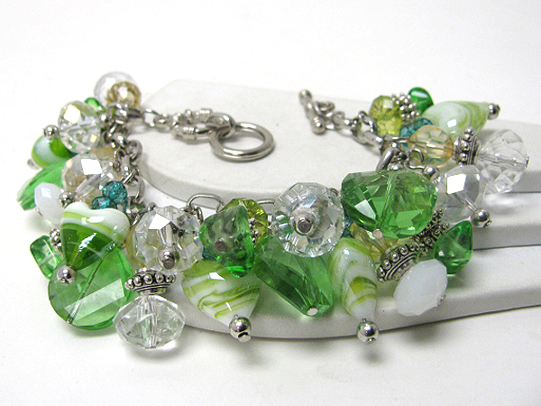 Murano glass and acrylic multi heart and ball charm dangle bracelet