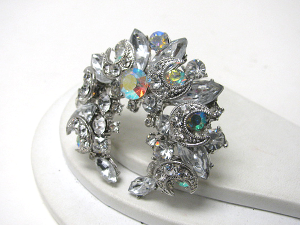 Multi crystal deco crescent moon pin or brooch