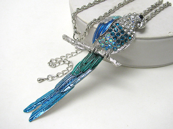 Crystal stud and paint deco large parrot pendant necklace