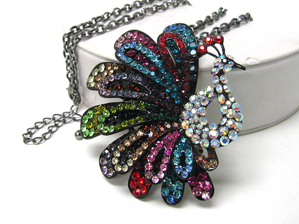 Crystal stud large peacock pendant necklace