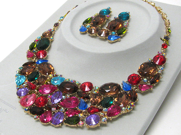 Luxurious austrian crystal line - multi shape crystal mix bib style party necklace earring set