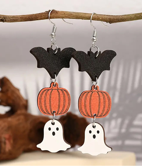 Halloween theme wood earring - bat pumpkin ghost