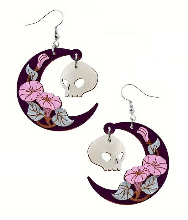 Halloween theme wood earring - moon and skull