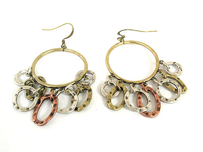 Hammered multi color metal hoop dangling earring - hoops