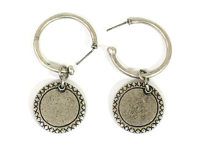 Antique silver small hoop and disk earring - hoops