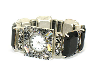 Victorian style crystal deco square face epoxy stone stretch band watch