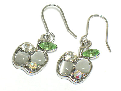 Made in korea whitegold plating crystal and cats eye apple earring