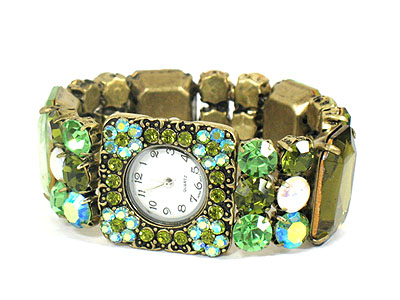 Victorian style crystal deco square face epoxy stone stretch band watch