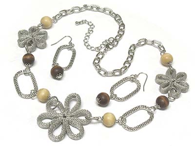 Metal material flower and wood ball linked large chain necklace and earring set