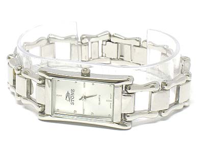 Metalic simple style rectangle face and chain pattern band watch