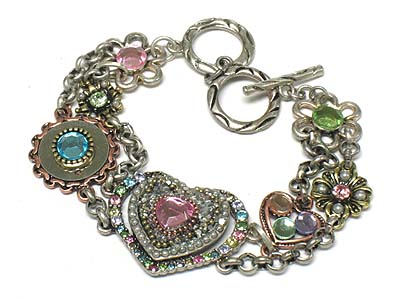 Crystal deco heart and flower double line toggle bracelet