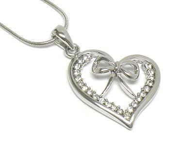 Crystal deco heart and ribbon pendant necklace