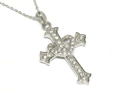 Crystal deco cross and heart pendant necklace