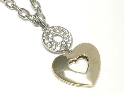 Metal heart and crystal deco round disk necklace