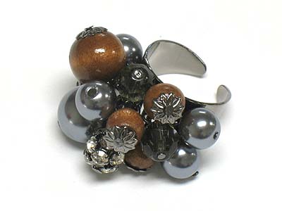 Multi crystal and wood and metal ball bead charms ring