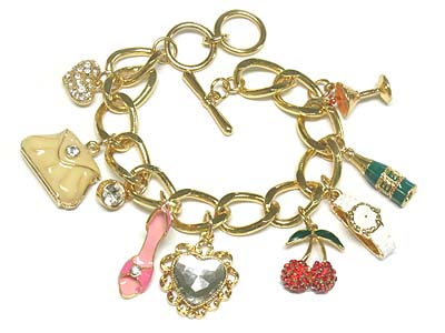 Designer inspired crystal deco multi  detailed made charms large chain toggle bracelet