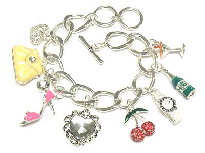 Designer inspired crystal deco multi  detailed made charms large chain toggle bracelet