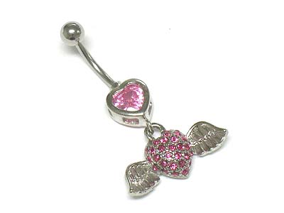 Crystal paved heart and wing belly charm