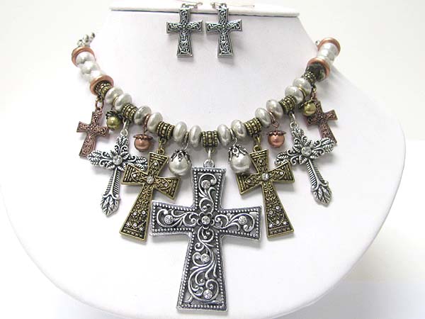 Multi crystal deco textured metal cross dangle neckalce set