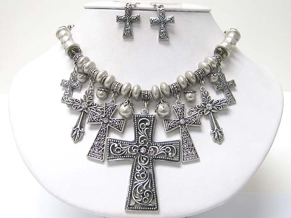 Multi crystal deco textured metal cross dangle neckalce set