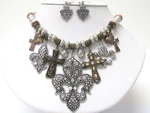 Multi crystal deco textured metal cross and fleur de lis dangle neckalce set