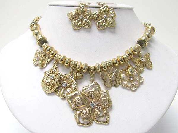 Multi crystal deco textured metal flower dangle neckalce set